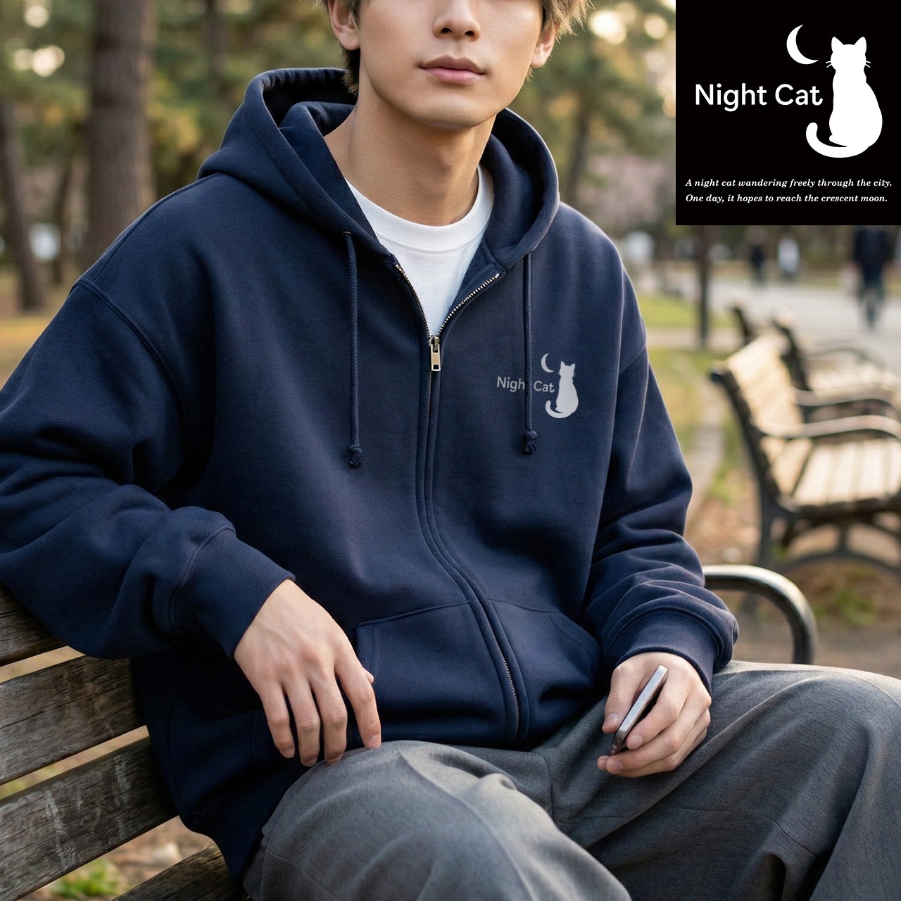 【Night Cat】ロゴ入り フルジップパーカー 10oz 裏パイル (ネイビー) 夜猫 ストア かわいい 猫 ロゴ マーク クール ストリート 通学 通勤