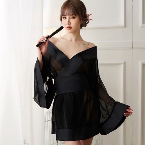 336コスプレ コスチューム 浴衣着物 エレガント サテン シフォン ストリング ラメ リボン 華奢 高級感 華やか 色気 大人 透け感 ブラック フリー GRAXIA グラシア