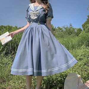 夏の日本のセーラー服半袖スウィートドールカラードレス女子学生大学風ロングスカート