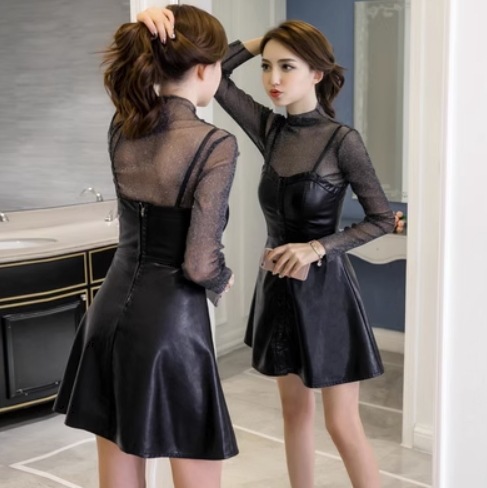 セットアップ モテアイテム シースルー フレアワンピース ミニ ミニ丈 長袖 ラウンドネック ハイネック フレア Aライン ボタン ハイウエスト 上下セット 2点セット かわいい 可愛い