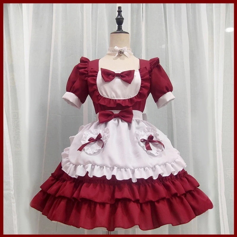 正規品[月下盈] 韓国セクシークリーム小甜心メイド服赤色清純ロリータワンピース