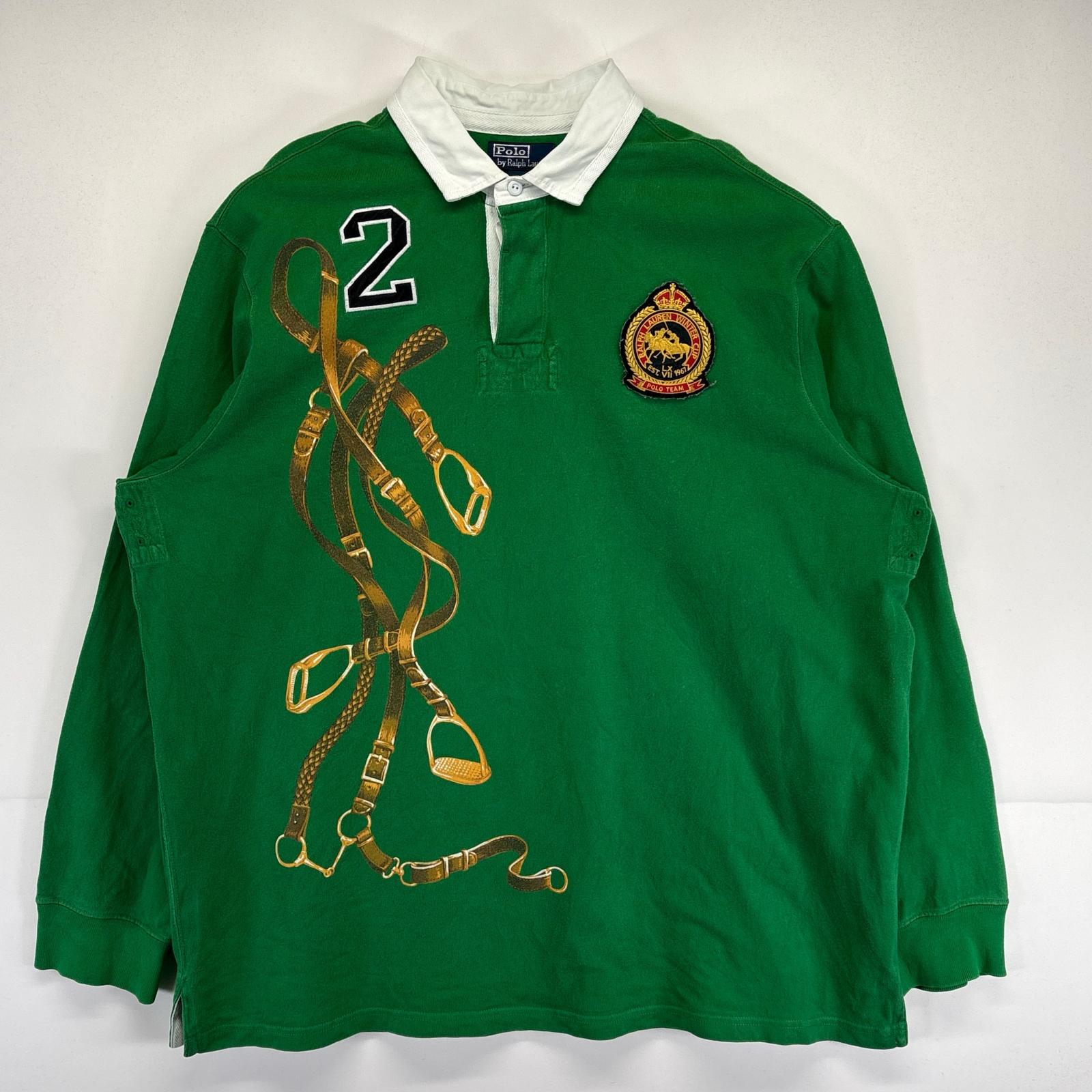 古着 ポロバイラルフローレン Polo by Ralph Lauren ポロシャツ 大きいサイズ ラガーシャツ ワッペン プリント 2XL グリーン メンズ