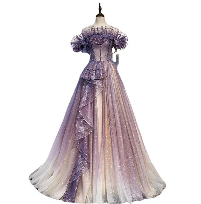 在庫僅少高級感 エレガント 上品 きれいめ レディースドレス パーティードレス 宴会 お呼ばれ ウェディングドレス イブニング 披露宴 成人式 オフショルダー パープル 礼服 司会 編み上げ 舞台演出 5,120円