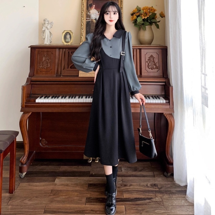 ワンピース フェイクツーピース シャツワンピース ワンピドレス ミモレ ミモレ丈 長袖 Vネック 襟付き フレア アシンメトリー 切り替えデザイン ボタン 大人可愛い きれいめ シンプル カジュアル
