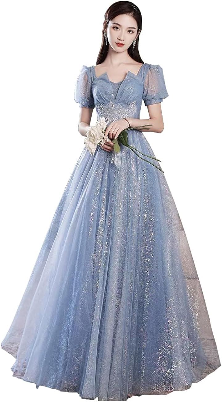 ドレス ロング 演奏会 袖有り パーティードレス 披露宴 謝恩会 発表会 記念日 スパンコール 卒業式 大きいサイズ ワンピース(B 缥色, L) 6,433円