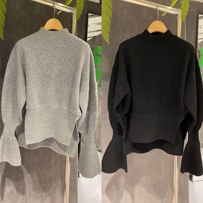 トップス セーター 袖あり 長袖 フレアスリーブ ドロップショルダー ハイネック デザイン オーバーサイズ 美ライン スリット リブ 伸縮性 畔編 ニット カラバリ かわいい 大人可愛い きれいめ
