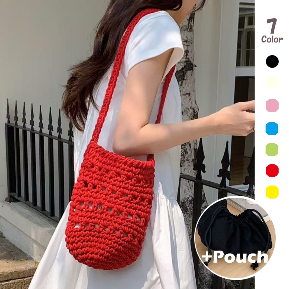 [夏カバン]グリルニットメッシュショルダーバッグ（ポーチ付き）