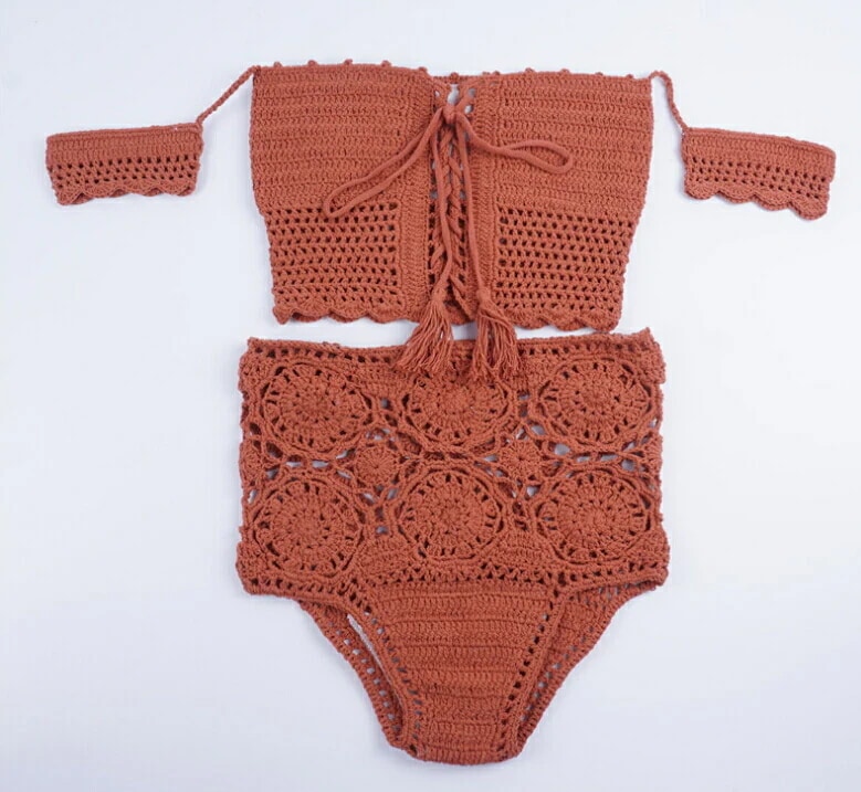 0390or オレンジ 上下２点セット セクシービキニ かき編み ハンドメイド 素材にこだわった一着オシャレ ニット 水着 ブラジリアン レディース水着 ビキニ 欧米人気 セレブ愛用 海 旅行 新