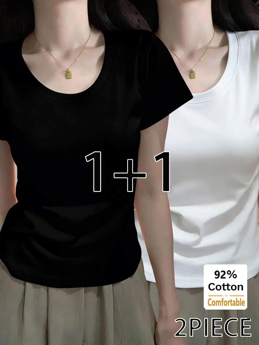 夏新作 フローラル グレー + ブラック 半袖Tシャツ 2枚セットレディース スリムフィット 無地 カジュアルアンダーシャツ