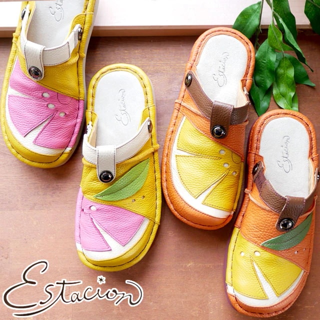 エスタシオン レディース サボサンダル 疲れない レザー 痛くない 本革 クロッグサンダル 履きやすい サボシューズ 歩きやすい カジュアルシューズ コンフォートシューズ オレンジモチーフ 2WAY