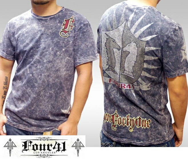 Four41 Los Angeles フォーフォーティーワン メンズ ラインストーン Tシャツ 441ナイツ グレー k-107 スワロフスキー インポート セレブ ブランド ストリート LAセレブ