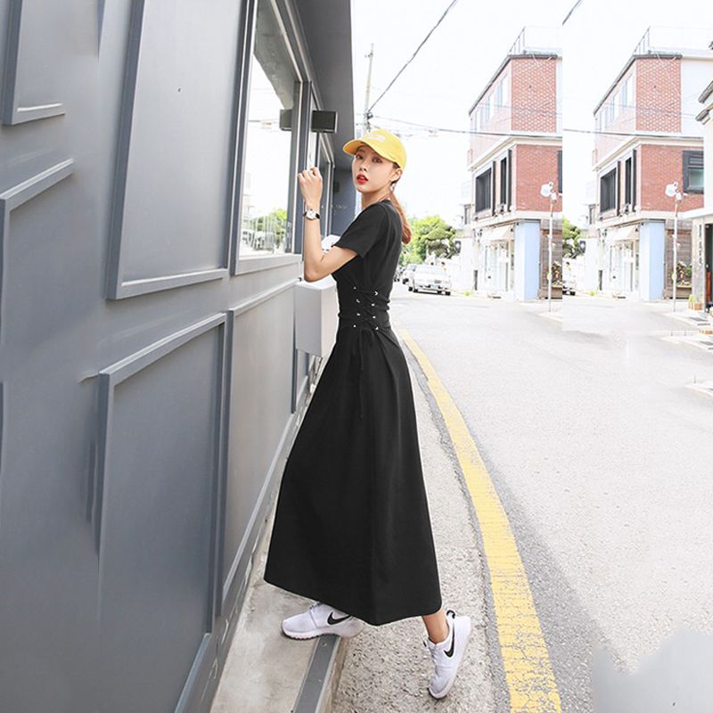 ワンピース Tシャツ ロング 袖あり Uネック 大人 可愛い シンプル ラフ フリーサイズ 無地 レディース デート お出かけ 公園デビュー 女子会 休日 普段使い レースアップ 旅行 リゾート