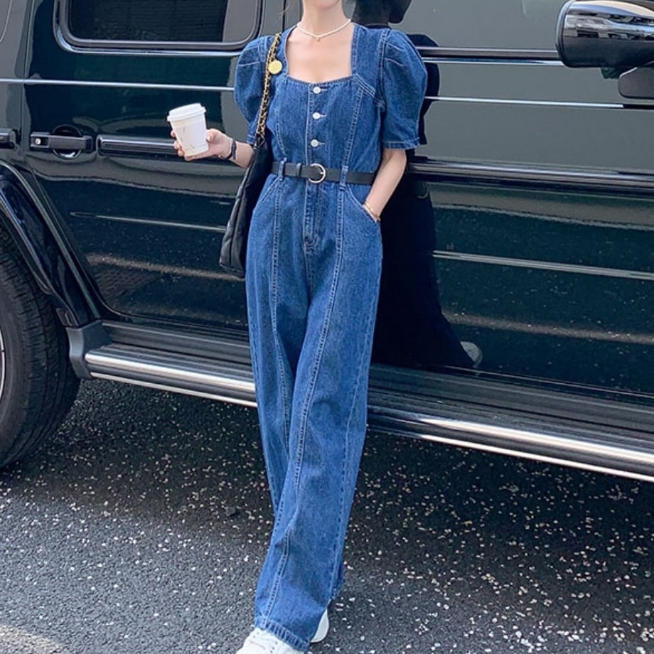 レディース オールインワン つなぎ フルレングス 半袖 パフスリーブ スクエアネック ストリート デニム コットン 大人可愛い きれいめ 上品 かっこいい レトロ マニッシュ 学生風 アクティブ 無地