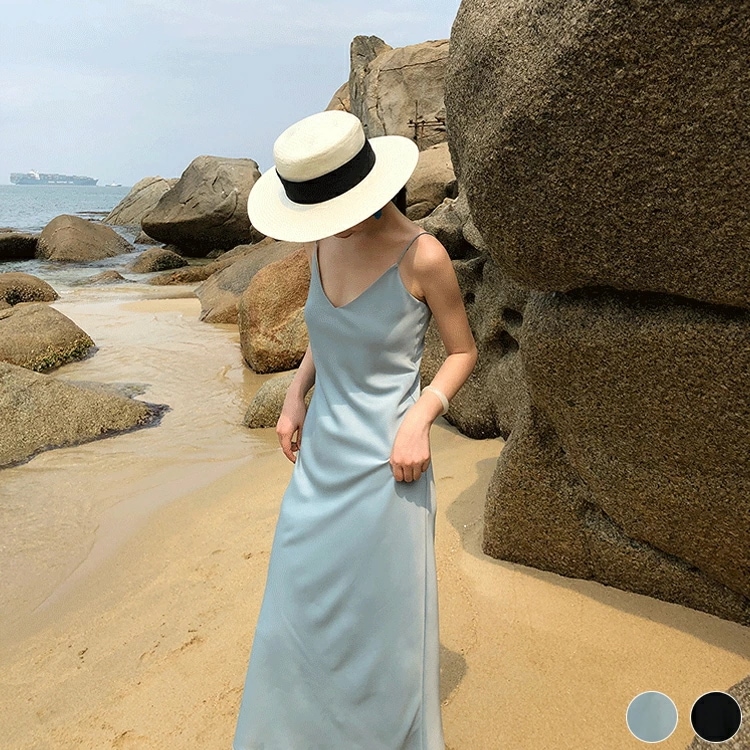 ロングワンピース サテン レディース キャミソール ワンピース Vネック エレガント セレブ Aライ