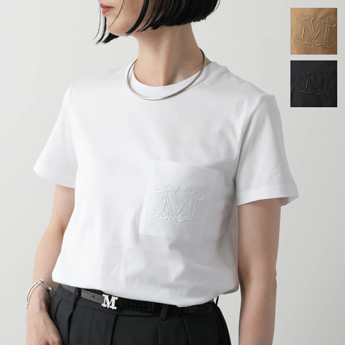 MAX MARA マックスマーラ 半袖 Tシャツ PAPAIA レディース カットソー クルーネック コットン 胸ポケット MロゴT 刺繍 カラー3色