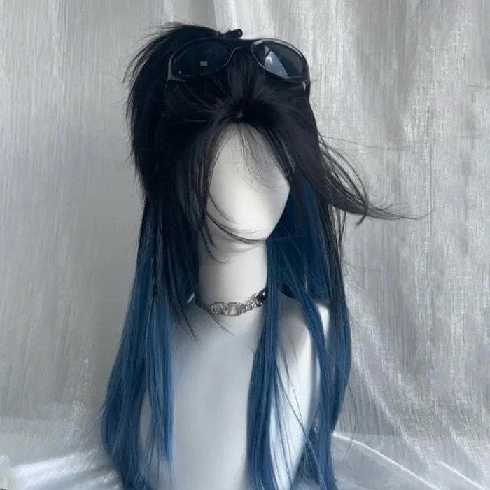 ウィッグ レディース フルウィッグ ブルー ブラック 黒 ロング 前髪あり 可愛い かわいい 大人用 コスプレ ロリータ ゴスロリ コスチューム 原宿風 仮装 超自然 ブルー 仮装 かつら 自然 小顔
