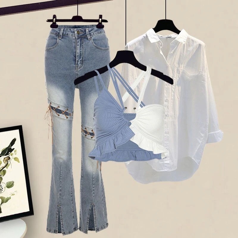 大きいサイズ レディース スプリングスーツ レディース 2025 キャミソール オールマッチ シャツ フレアジーンズ 3点セット 母の日 母の日-0008854