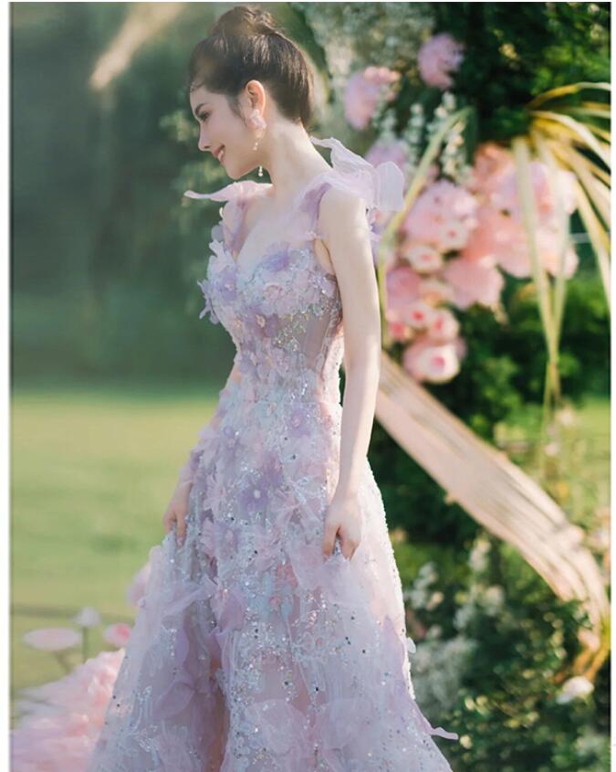 大人気！ 結婚式ドレス 二次会ドレス パープル 花柄 キャミドレス 可愛い キラキラドレス スパンコール 素敵 ゲストドレス お花 イブニングドレス 撮影 お姫様 プリンセスドレス ロングドレス 発