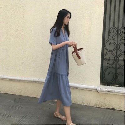 ワンピース レディース 女性用 袖あり 半袖 ブリーツ ハイウェスト ロング フレア Vネック 無地