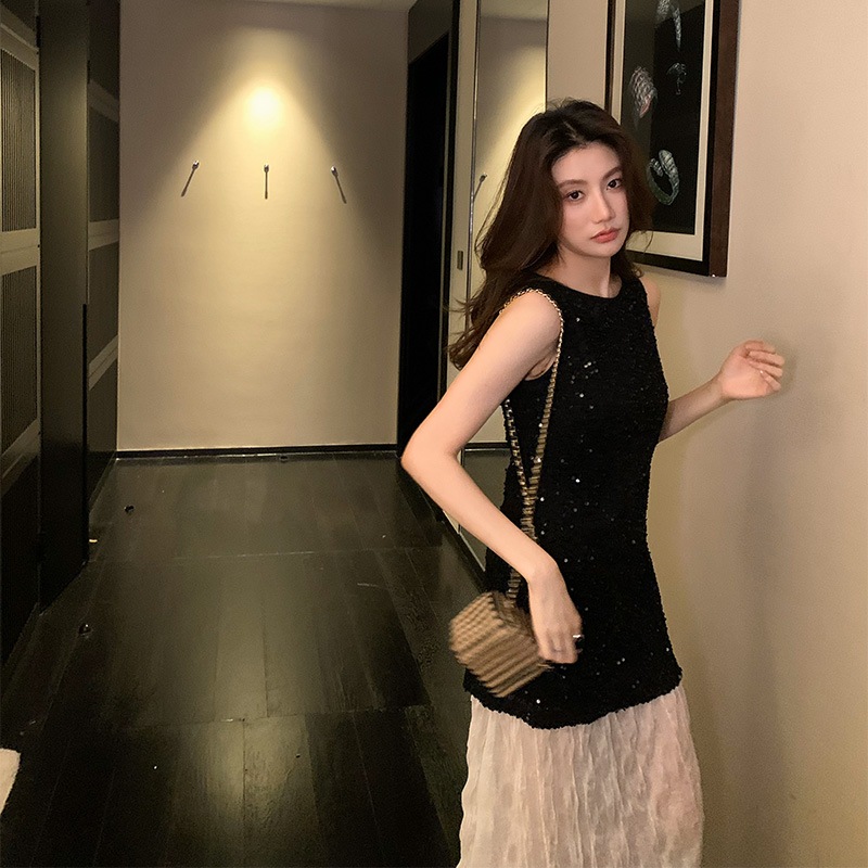 長いxier Encounter黒と白のスリム長いベストドレスセットz078