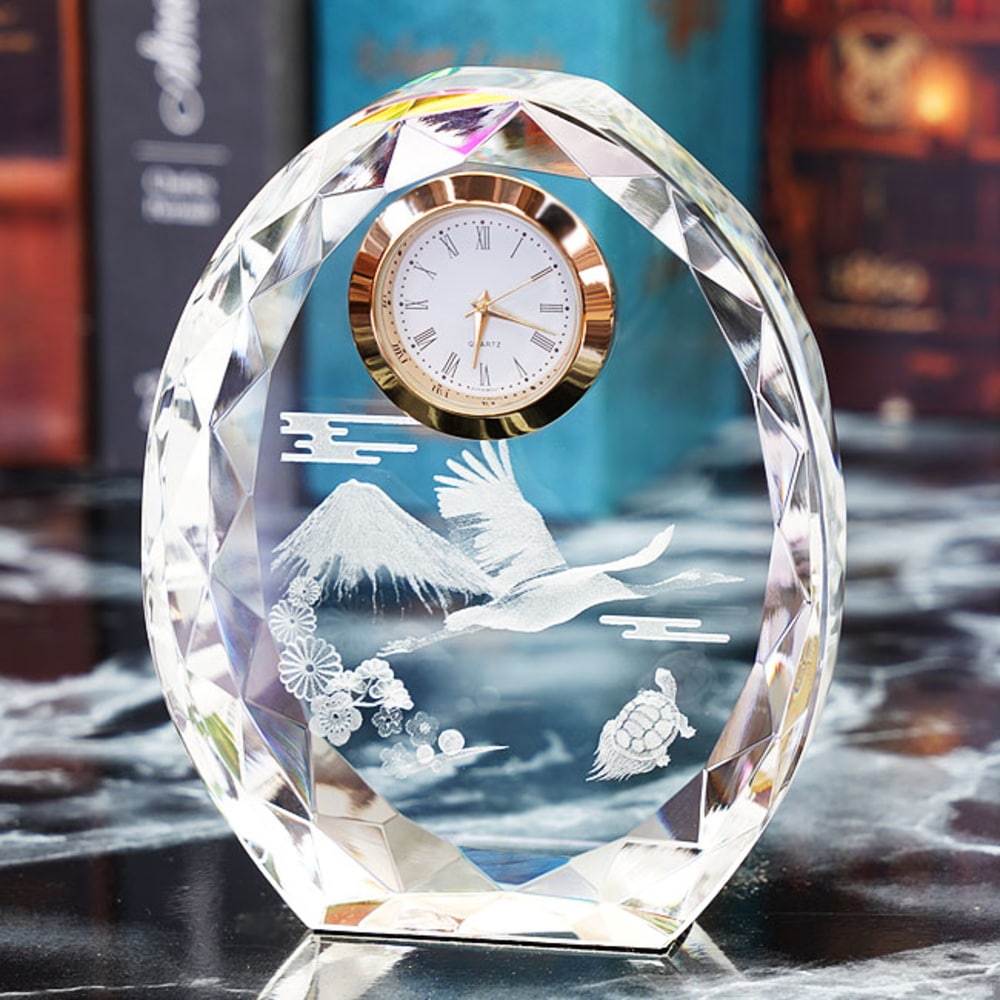 自分へのご褒美 クリスタル 置き時計 鶴 名入れメモリアル 卓上時計