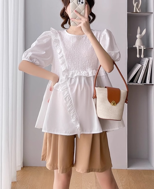 レディース トップス シャツ ブラウス 半袖 5分袖 ストレート ペプラム かわいい 大人可愛い きれいめ カジュアル 上品 おしゃれ ガーリー ルーズ ラブリー キュート ナチュラル 知的 清潔感