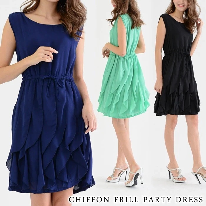 【即納】ワンピースレディース春夏春夏黒ミディアムワンピースひざ丈ノースリーブきれいめひざ丈ワンピースシフォンノースリーブワンピースひざ上フリルワンピースカジュアルブラックネイビーグリーン大人20代30