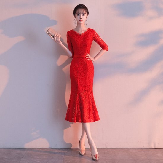 【取寄：納期2週間】パーティードレス レディース 演奏会ドレス 結婚式ドレス ワンピースドレス 総レース フィッシュテール ドレス お呼ばれ きれいめ Vネック ミドル丈 パーティードレス レディース