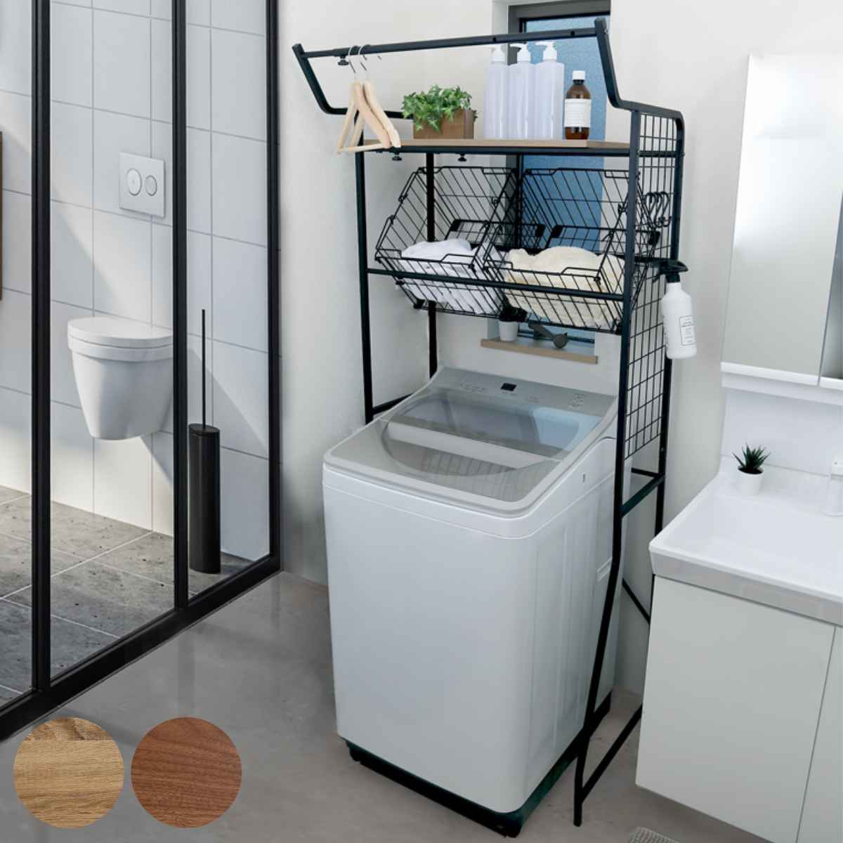 ランドリーラック 2段 バスケット付き ランドリー ラック 縦型 スリム バスケット 収納 洗濯機ラック ブラック おしゃれ ランドリー収納 脱衣所 洗面所 衣類収納 木 洗濯機 伸縮