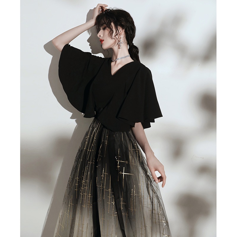 女性のための小さなドレス2025気質ドレスブラックミッドレングスバンケットホストドレス