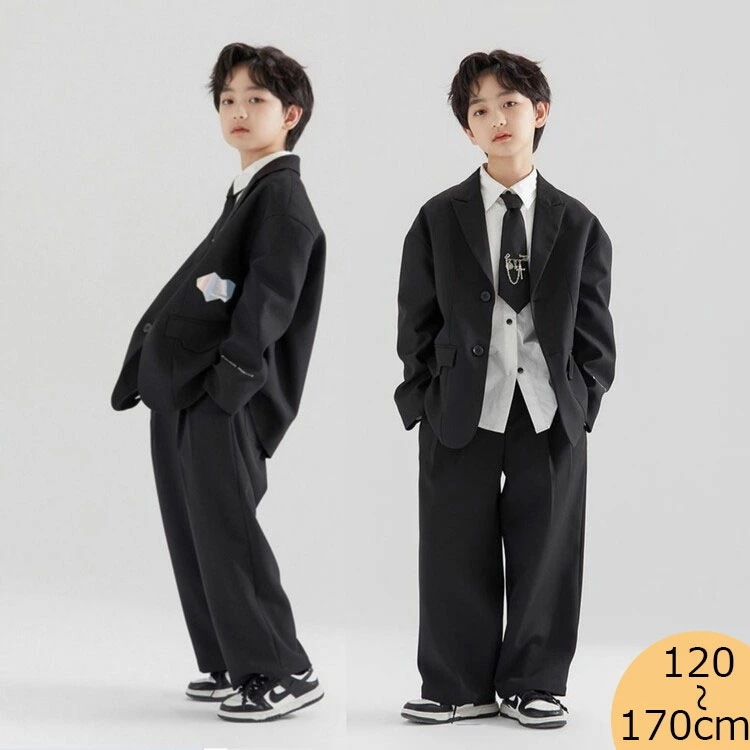 入学式 卒業式 スーツ 男の子 セットアップ ゆったり 大きいサイズ キッズ ボーイズ ジャケット パンツ ワイシャツ ネクタイ ブラック スーツセット フォーマル キラキラ おしゃれ 受験 面接 発