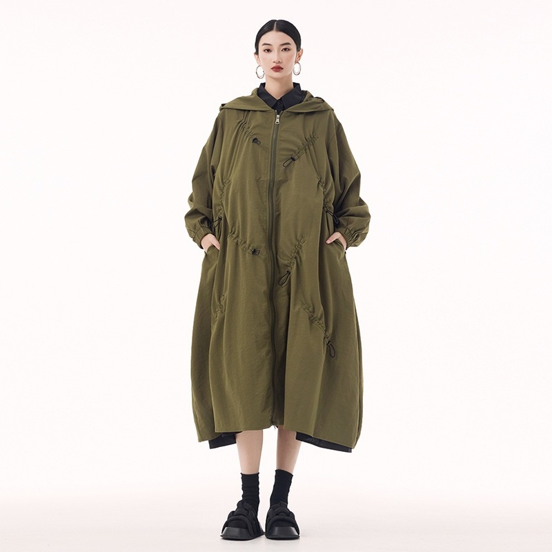 【J.Fashion】 ロングコート フード付き巾着 秋 おしゃれ レディース トレンチコート 関連商品購入可能 メガ割