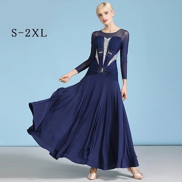 社交ダンス ドレス 長袖 豪華 スタンダード レッスン着 発表会 競技着 演出用 開場ドレス ワルツ専用ドレスオールシーズン ネイビー S M L XL 2XL