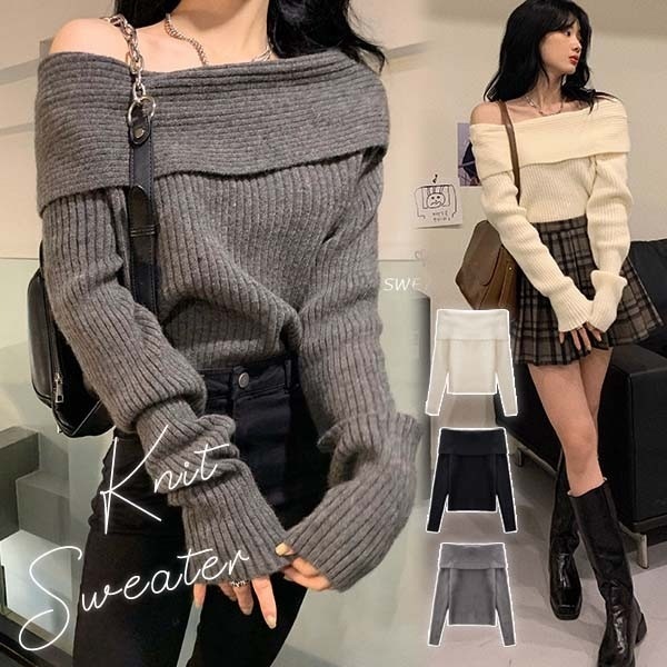 ニットセーター オフショルダー オフショルニット 春秋風 長袖 ドロップショルダー レディース 大人 レースアップ フェミニン 可愛い ざっくり編み リブニット タイト ショート丈 ゆったり オフホワ