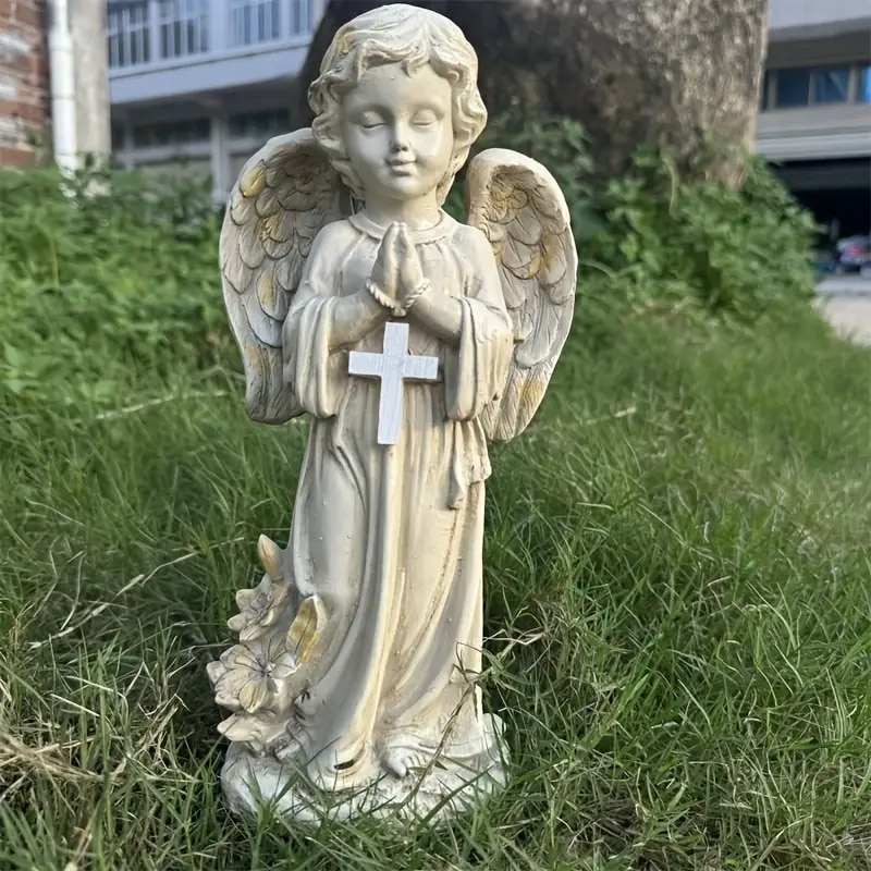 ガーデンオーナメント ソーラーライト 天使 象 彫刻 ホワイト 十字架 祈る天使 女神 ガーデンデコレーション 樹脂 オーナメント 屋外 4-7