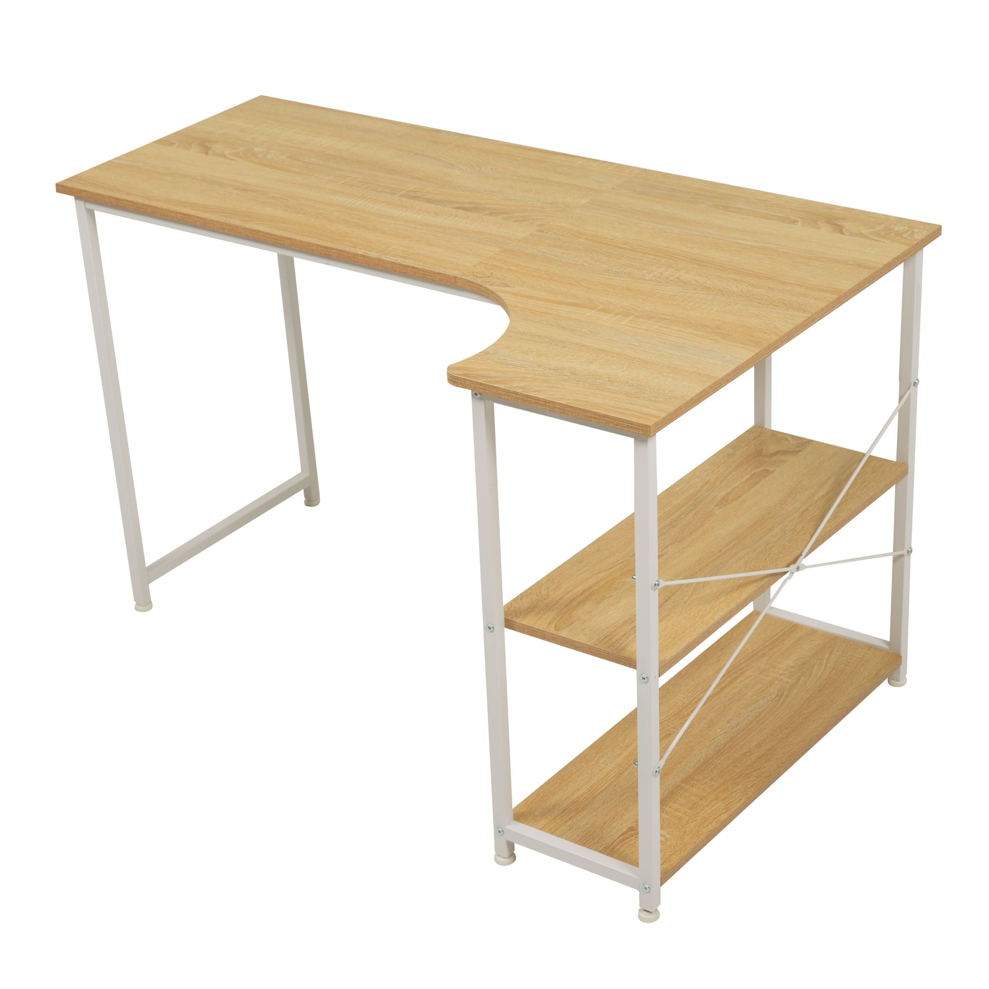 【国内発送Ｍ】909【ナチュラル】パソコンデスク L字-右棚 　120cm　2段ラック付 デスク木製 ミシン台 書斎机 勉強机
