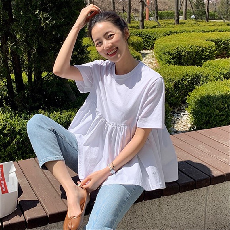トップス Tシャツ シャツ カットソー プルオーバー 白シャツ 白トップス 袖あり 半袖 5分袖 Uネック ラウンドネック 襟なし フレア ペプラム 切り替えデザイン ウエストマーク かわいい