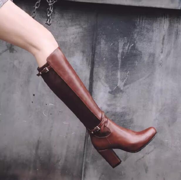 レディースブーツ　ロングブーツ　エンジニアブーツ　ジョッキーブーツ　裏起毛　暖かい　大きいサイズ　小さいサイズ　22cm　26.5cm　長靴　合皮　ロング丈　秋冬　太ヒール　7cm　 厚底　ミドルヒー