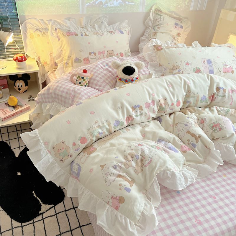 韓国式全綿4点セット純綿布団カバーシーツ学生寮3点セットベッド笠寝具