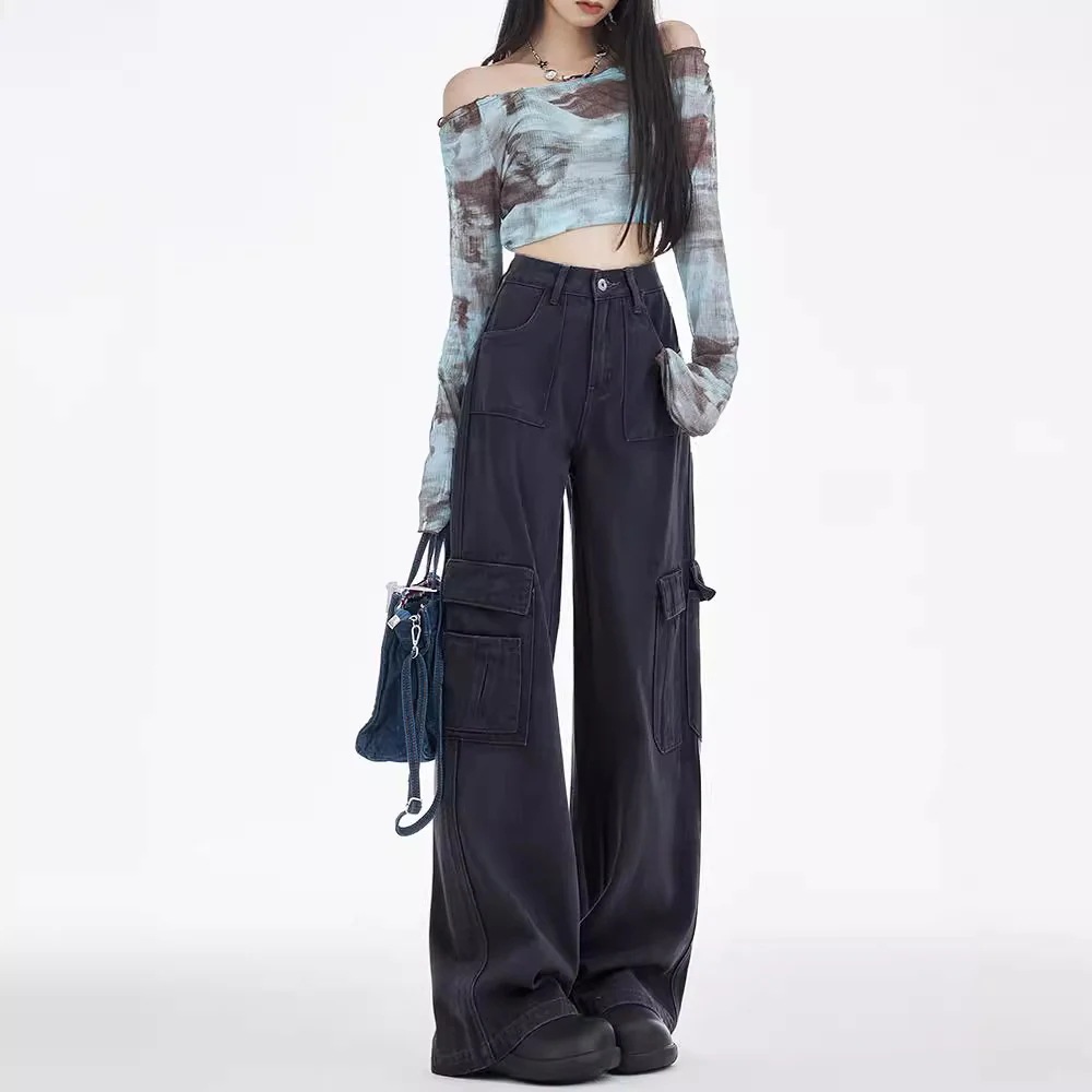 女性用アメリカンワイドレッグオーバーオール2024年春ハイウエストルーズスリミングマルチポケットフロアレングスジーンズ女性用