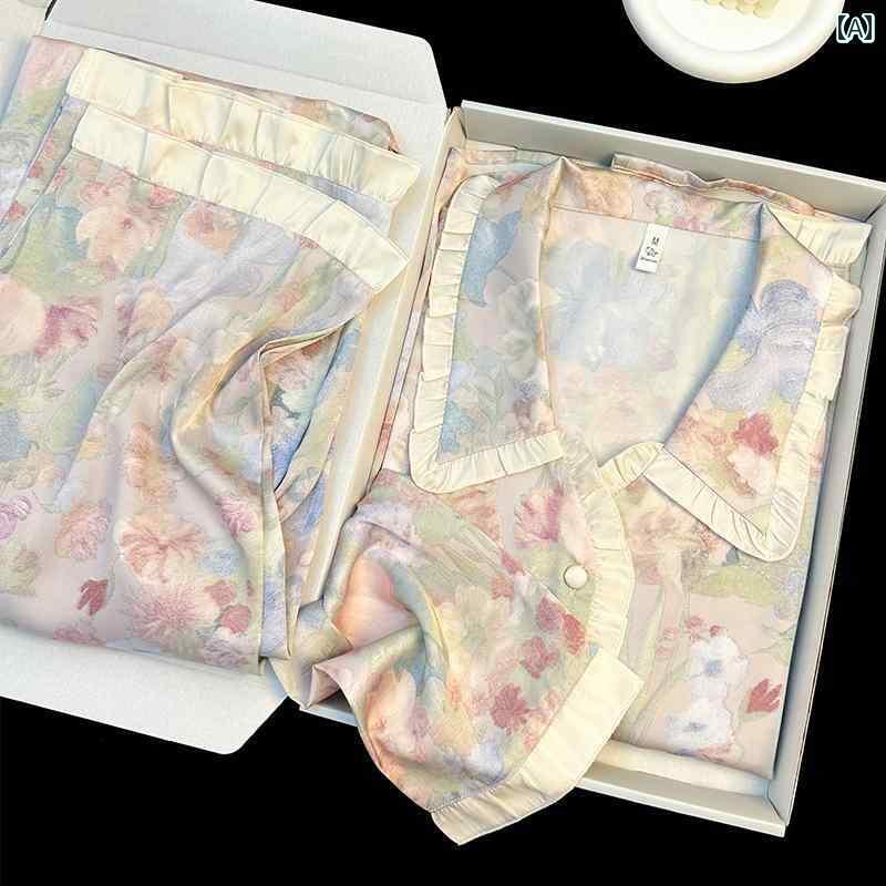 シルク　パジャマ　レディース 春秋 冷感 パジャマ レディース 長袖の 高級 油絵の 花は 外出時に 着用 できる ホーム 服の スーツ