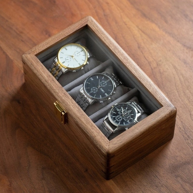【即納】腕時計ケース 3本用 木製 無垢材 ガラス天板 ウォールナット 天然木 時計 収納ケース 収納ボックス ウォッチケース 腕時計ケース ディスプレイ ウォッチボックス アクセサリーケース 高級感