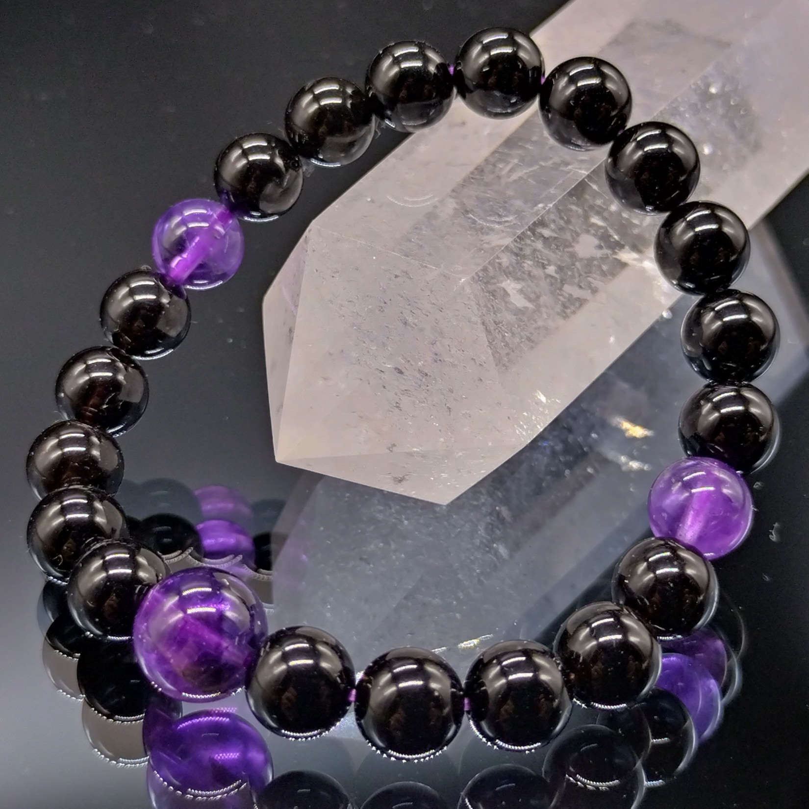 モリオン アメジスト 8mm 親玉10mm 鑑別済み ブレスレット パワーストーン 天然石