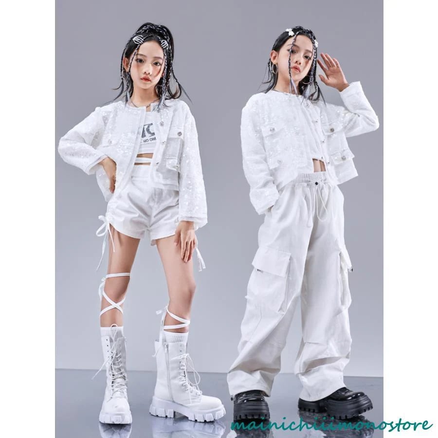 ダンス 衣装 キッズ 白 セットアップ KPOP 韓国 子供ダンス服 ダンスウェア キッズダンス衣装 ガールズ へそ出しトップス パンツダンス 衣装 キッズ 白 セットア