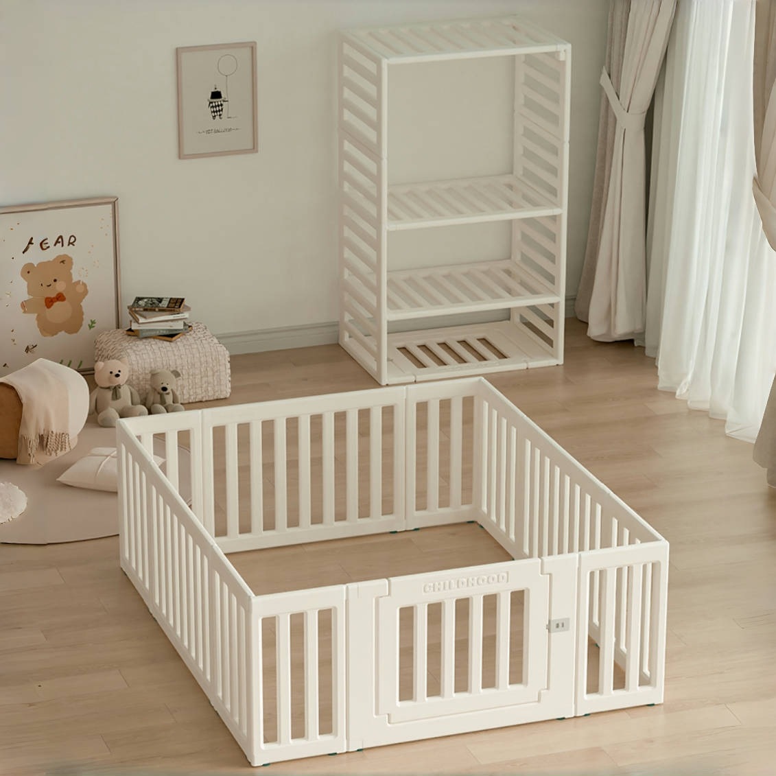 ベビーサークル 内径150*180cm 変形可能 収納棚へ変身可能 扉付き ベビーゲート ベビーフェンス プレイヤード 簡単組立 柵 キッズ【内径150*180cm】