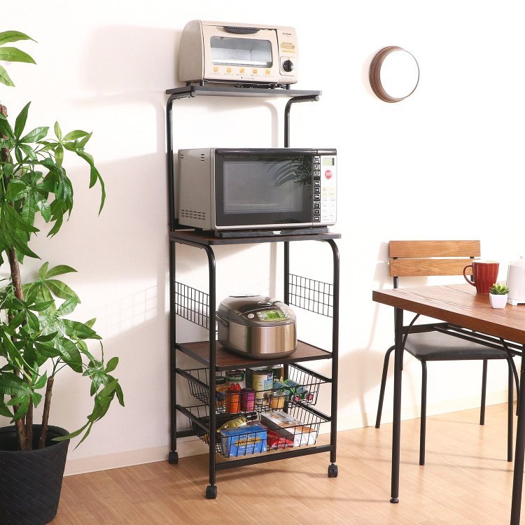 レンジワゴン おしゃれ 3段 レンジ台 キャスター付き 51.5×41×140.5cm ブラック・ブラウン