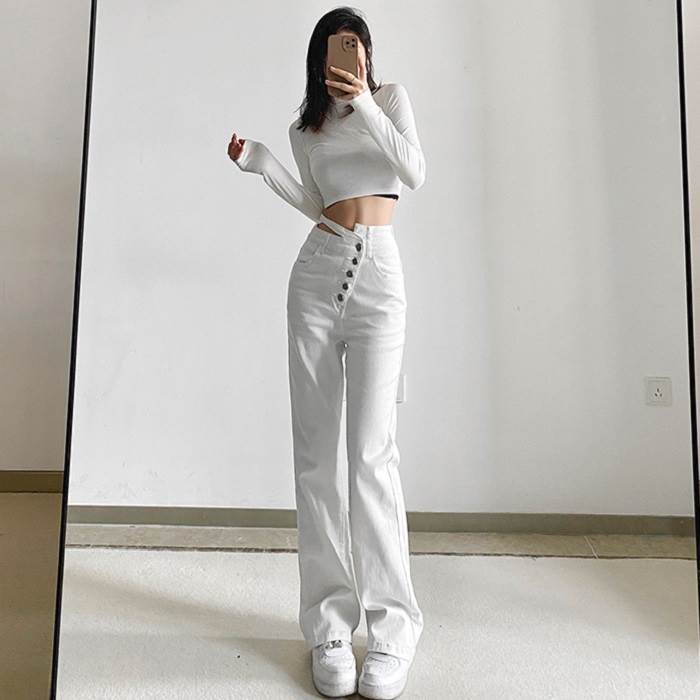 白 パンツ ホワイト デニム ハイウエスト アシメ アシンメトリー ボタン 無地 春 夏 秋 冬 かっこいい ズボン ボトムス ジーパン ジーンズ ストレート ワイド クール 10代 20代 30代