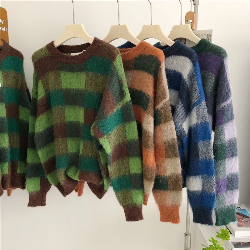 トップス ニット セーター 長袖 チェック柄 ラウンドネック ゆったり カラバリ ルーズ カラバリ 5,115円