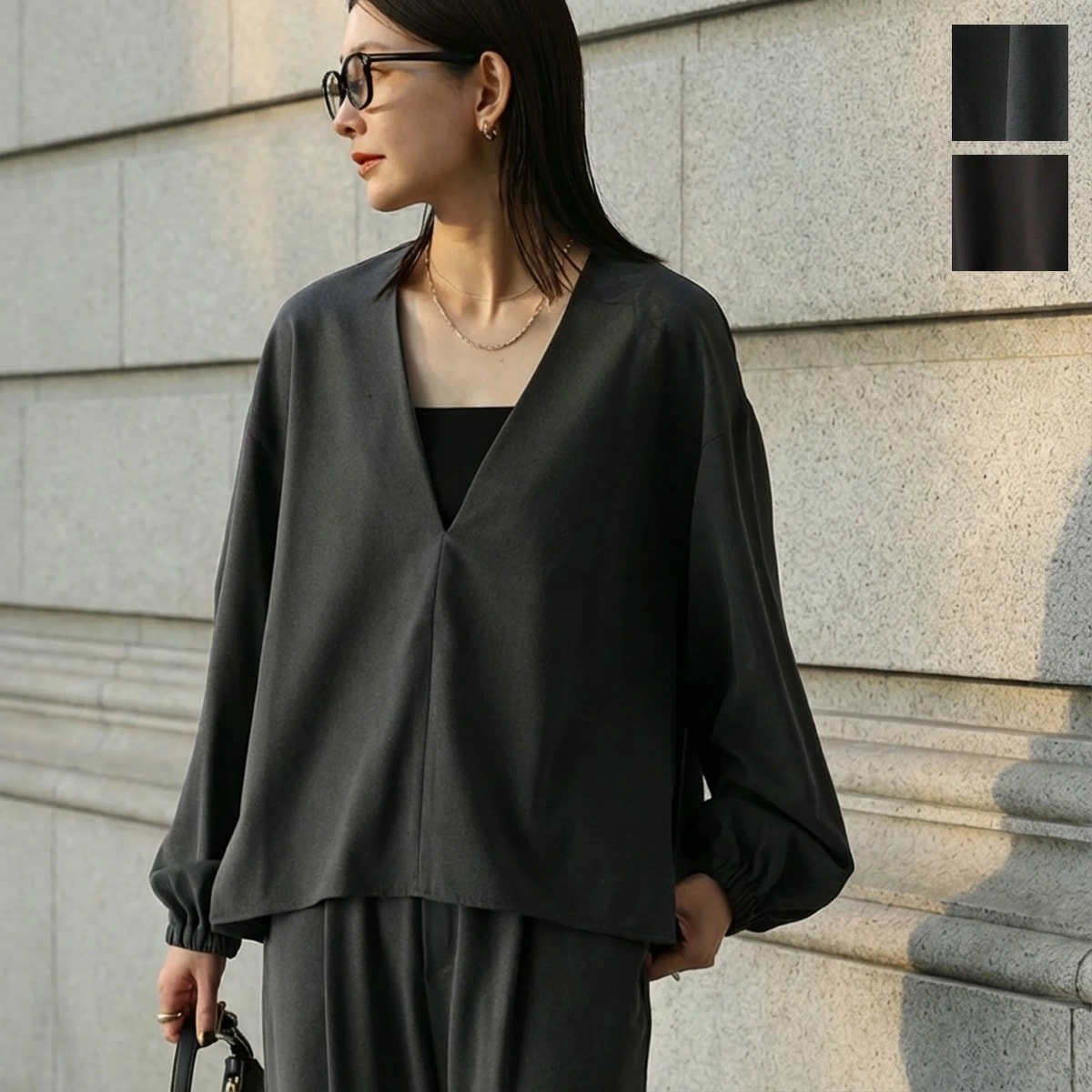 CLOCHE クロシェ ブラウス 85667 レディース 長袖 シャツ Vネック スリット シアーバター ストレッチ 手洗い可能 セットアップ可能 カラー2色