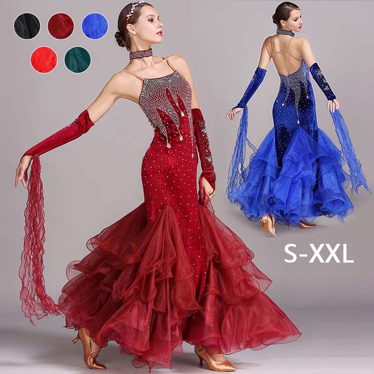 マーメイドモダンドレス 競技着 発表会舞台演出服 ラインストーンキラキラ舞台ステージ服 人魚美シルエットラテンワルツドレス レッスン着 ボリュウムリボン社交ダンス衣装 モダンドレス 練習服